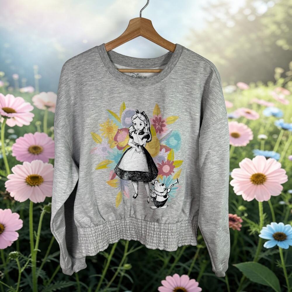 Disney Alice in Wonderland Women's Junior XXL Gray L/S Sweatshirt Pintuck Hem